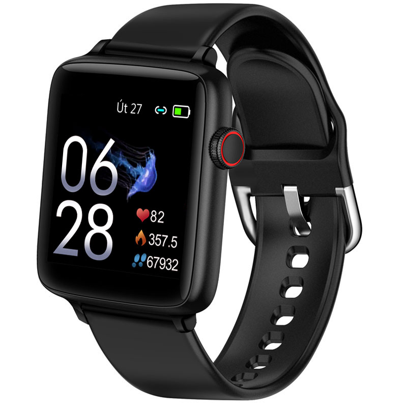 Obrazek Chytré hodinky v češtině PW-101, Bluetooth 5.0, smart watch s velkým display, krokoměrem, oxymetrem, měřením tepu, tlaku, černé s černým páskem