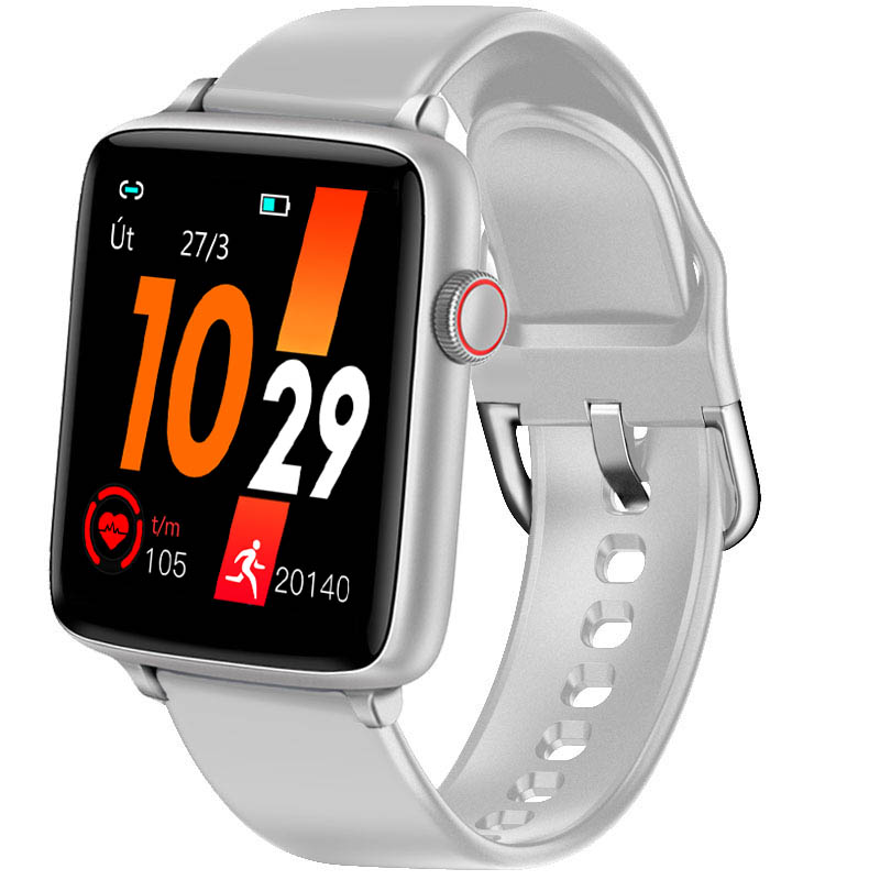Obrazek Chytré hodinky v češtině PW-101, Bluetooth 5.0, smart watch s velkým display, krokoměrem, oxymetrem, měřením tepu, tlaku, stříbrné s šedým páskem