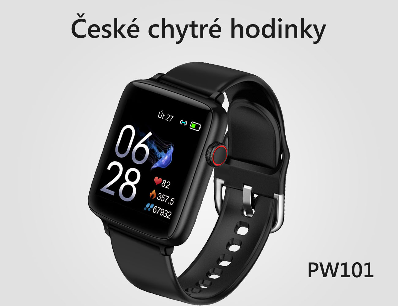 Chytré hodinky v češtině PW-101, Bluetooth 5.0, smart watch s velkým display, krokoměrem, oxymetrem, měřením tepu, tlaku, stříbrné s šedým páskem