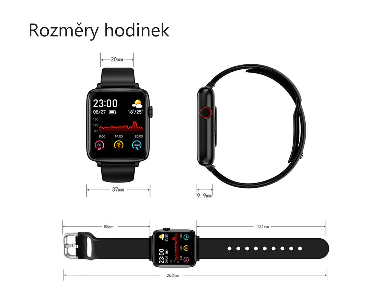 Chytré hodinky v češtině PW-101, Bluetooth 5.0, smart watch s velkým display, krokoměrem, oxymetrem, měřením tepu, tlaku, stříbrné s šedým páskem