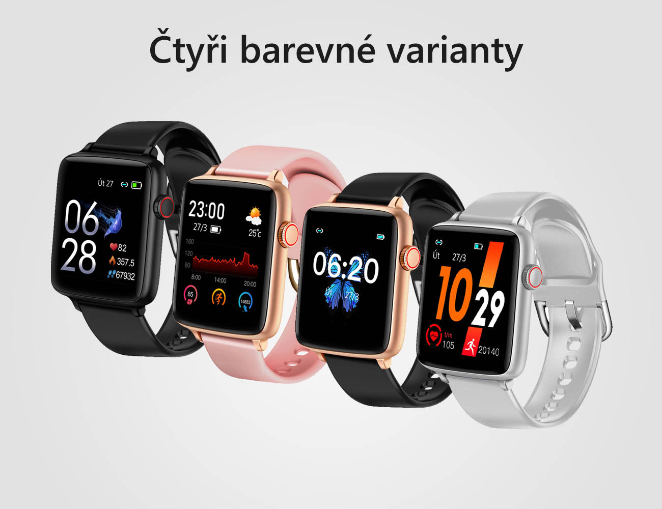 Chytré hodinky v češtině PW-101, Bluetooth 5.0, smart watch s velkým display, krokoměrem, oxymetrem, měřením tepu, tlaku, stříbrné s šedým páskem