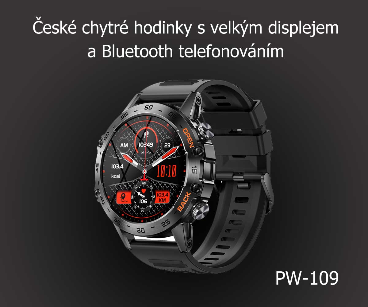 Chytré hodinky v češtině, PW-109, sportovní smart watch s krokoměrem, oxymetrem, měřením tepu, tlaku, černé s černým páskem