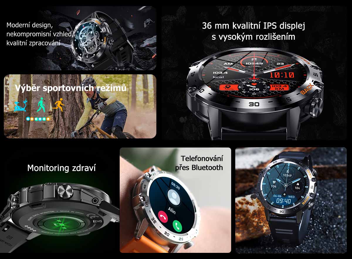 Chytré hodinky v češtině, PW-109, sportovní smart watch s krokoměrem, oxymetrem, měřením tepu, tlaku, černé s černým páskem