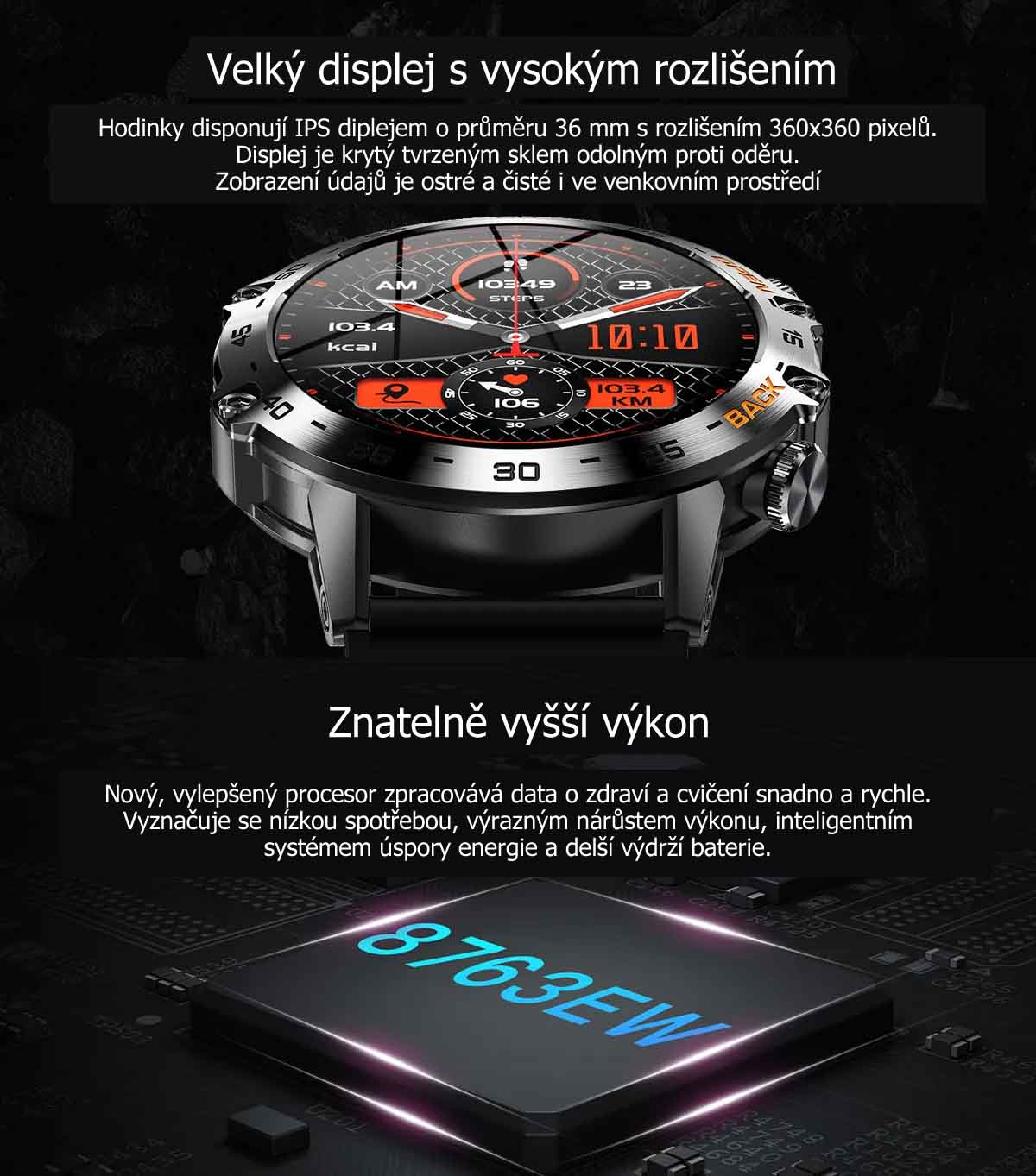 Chytré hodinky v češtině, PW-109, sportovní smart watch s krokoměrem, oxymetrem, měřením tepu, tlaku, černé s černým páskem