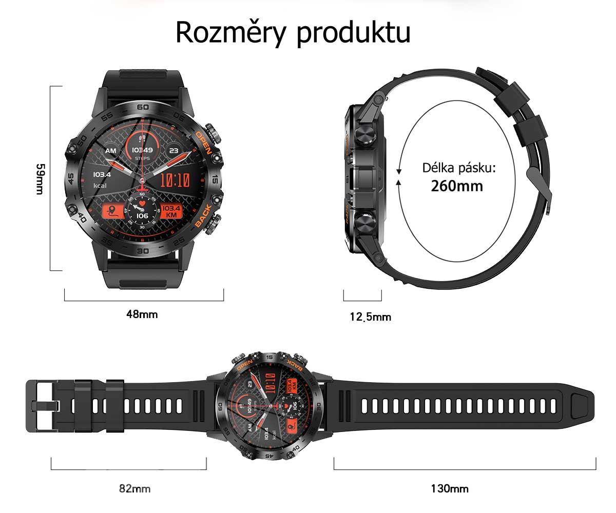 Chytré hodinky v češtině, PW-109, sportovní smart watch s krokoměrem, oxymetrem, měřením tepu, tlaku, černé s černým páskem