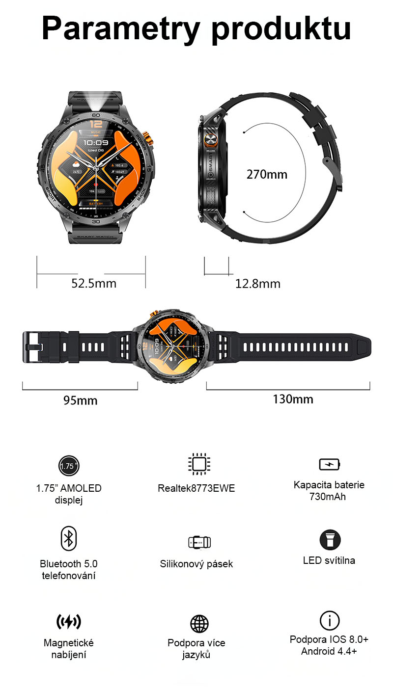 Chytré hodinky s telefonováním Printwell PW-169, LED svítilna, AMOLED , LET měření tepu, tlaku, SpO2, krokoměr, české menu, BT 5.0, černé